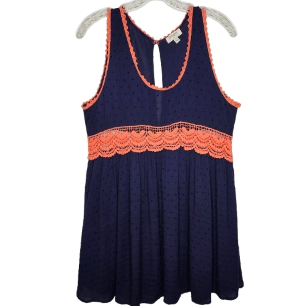Umgee Navy Swiss Dot Babydoll Dress Coral Lace Empire Waist Boho M Summer